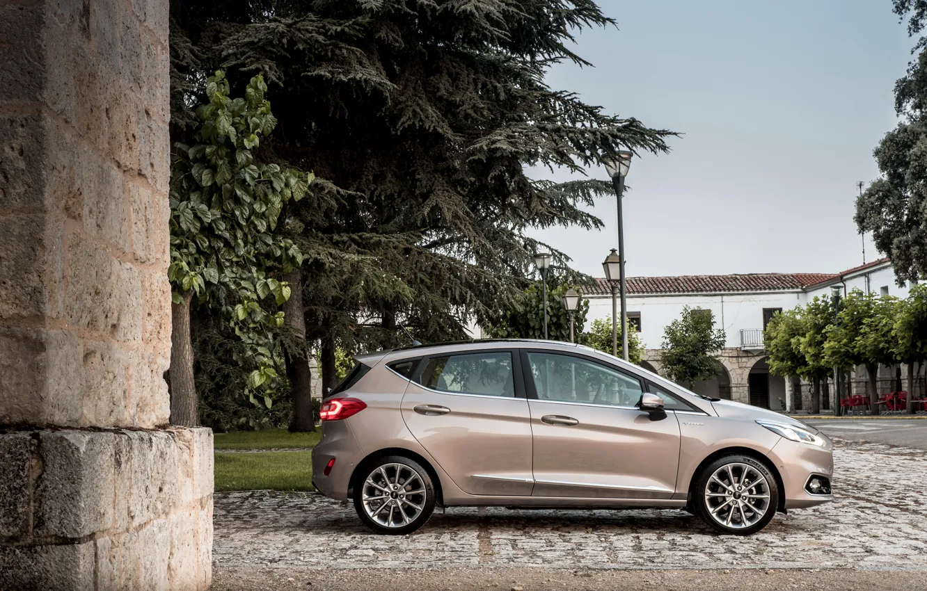 Photo wallpaper road, auto, trees, the building, Ford, lights, Fiesta, Vignale