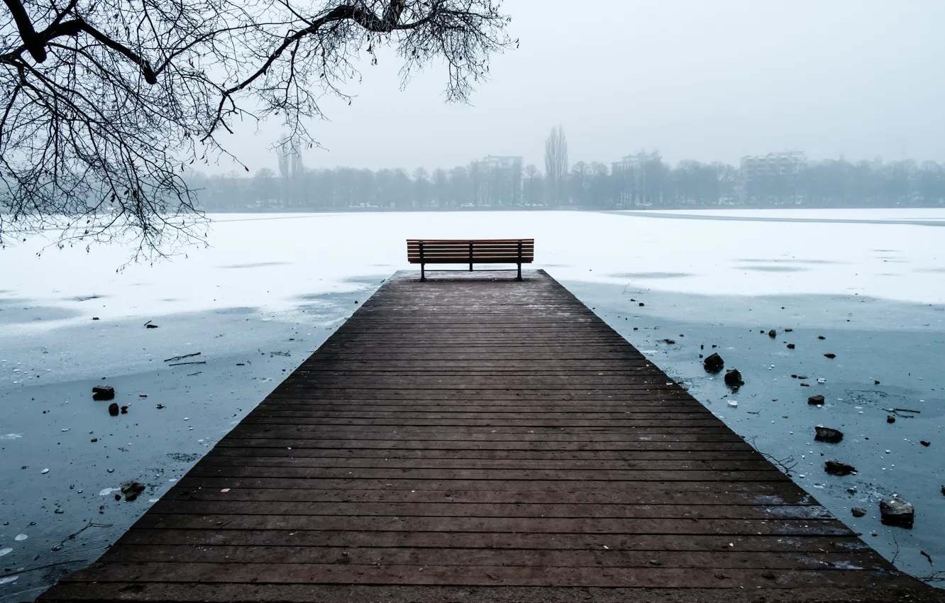 Photo wallpaper Winter, Snow, Hannover, frost, Bench