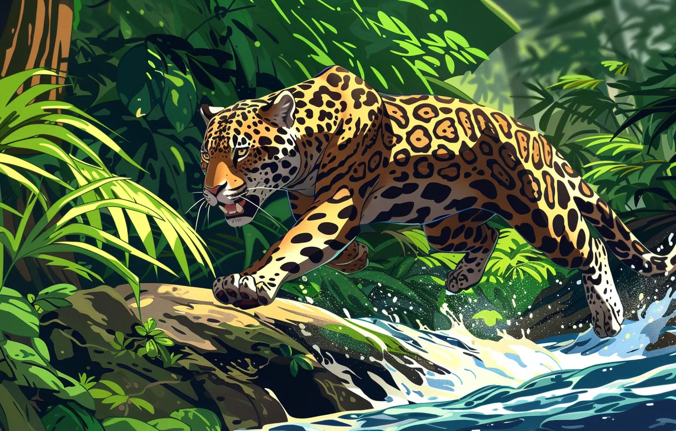 Photo wallpaper leaves, water, predator, jungle, art, Jaguar, river, big cat