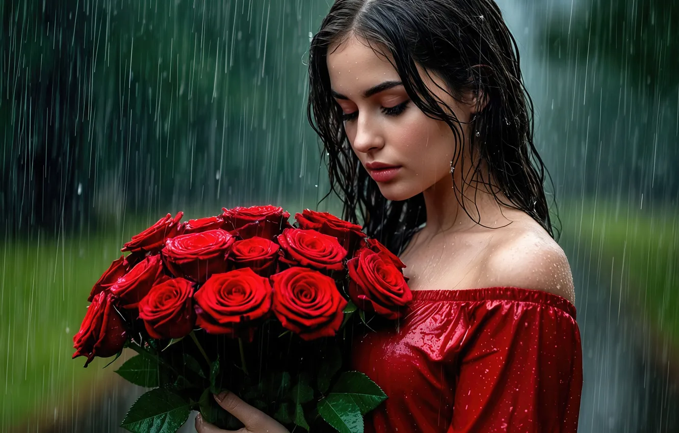 Photo wallpaper girl, drops, flowers, red, pose, rain, roses, bouquet