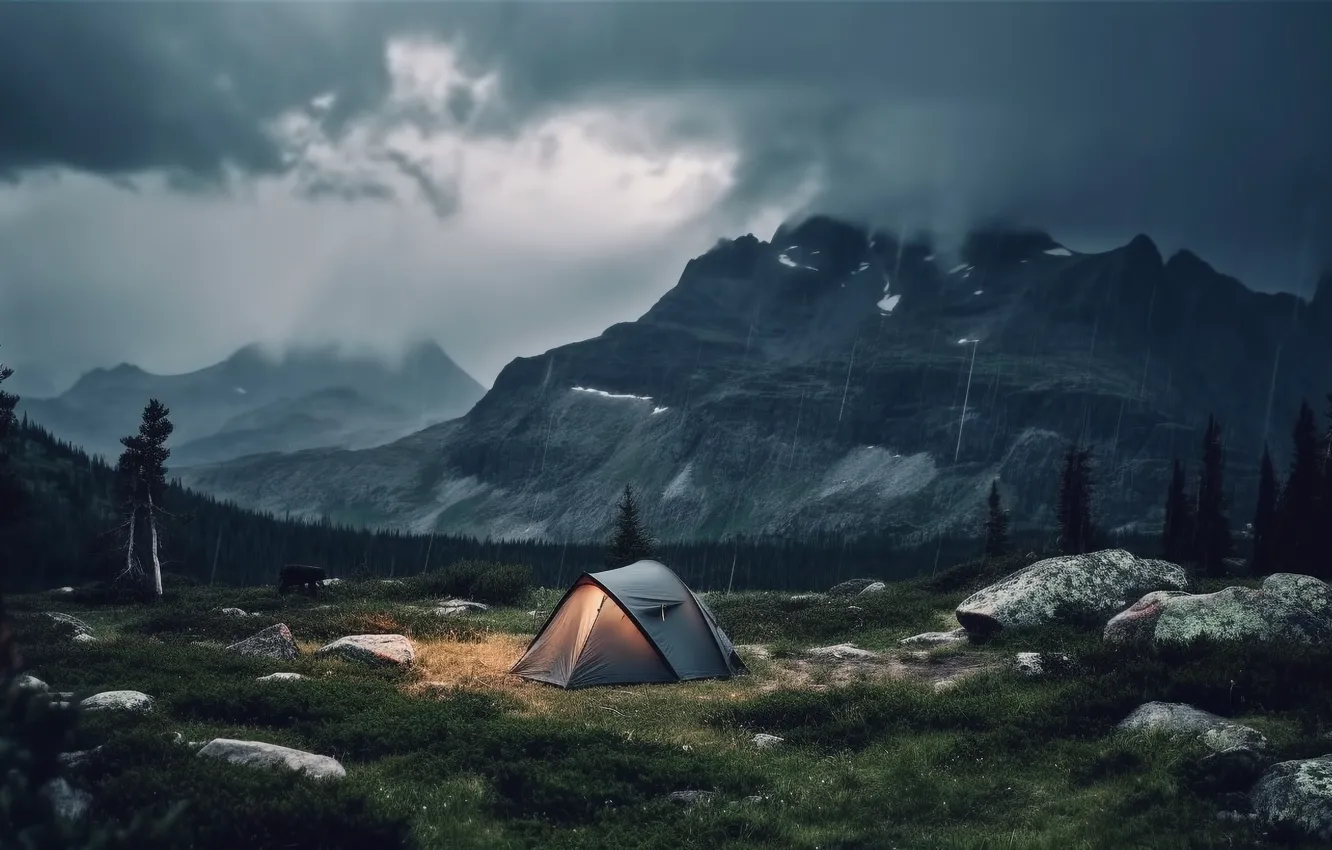 Photo wallpaper the storm, forest, the sky, landscape, mountains, clouds, nature, stones