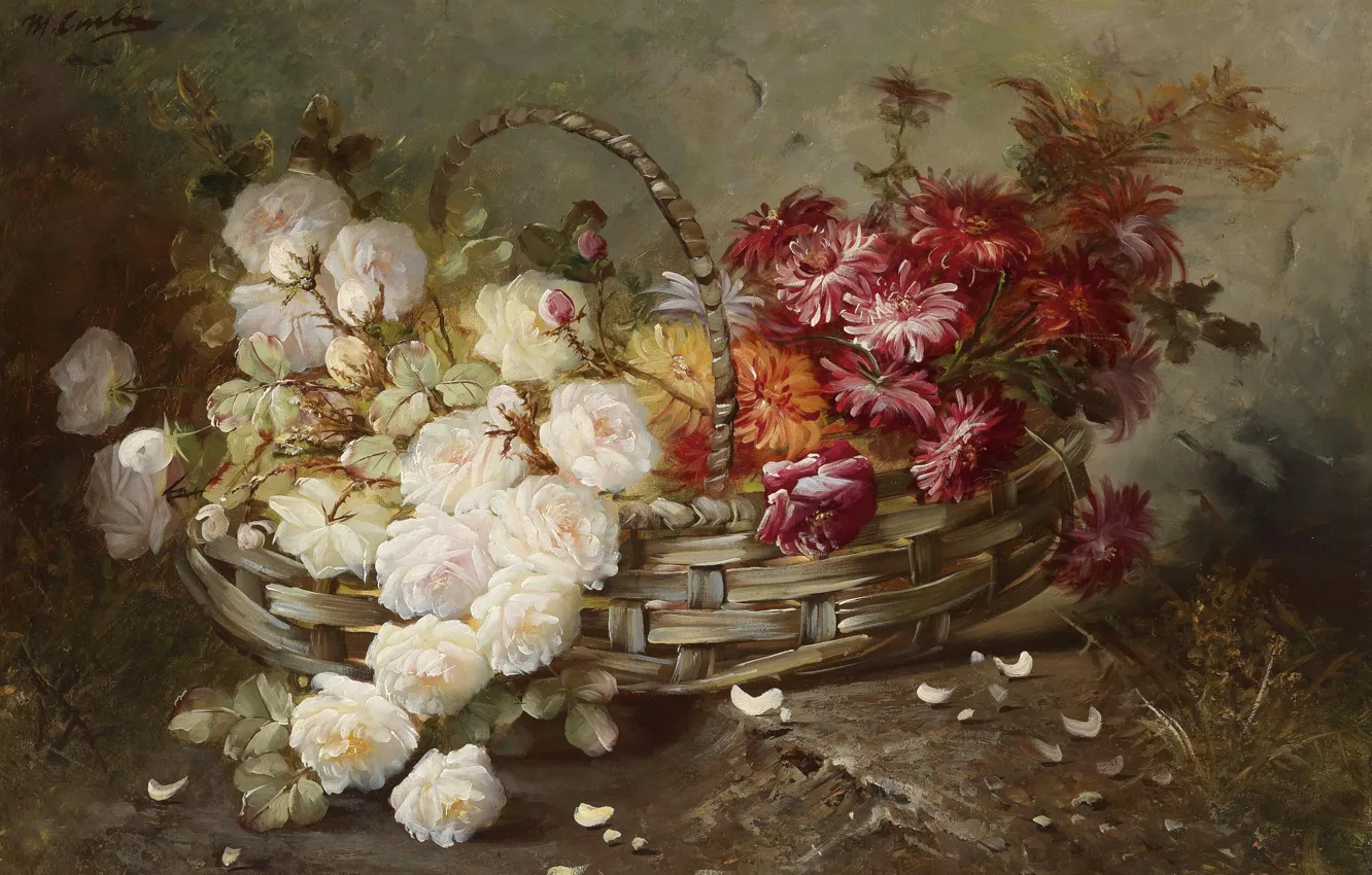 Photo wallpaper roses, petals, basket, dahlias