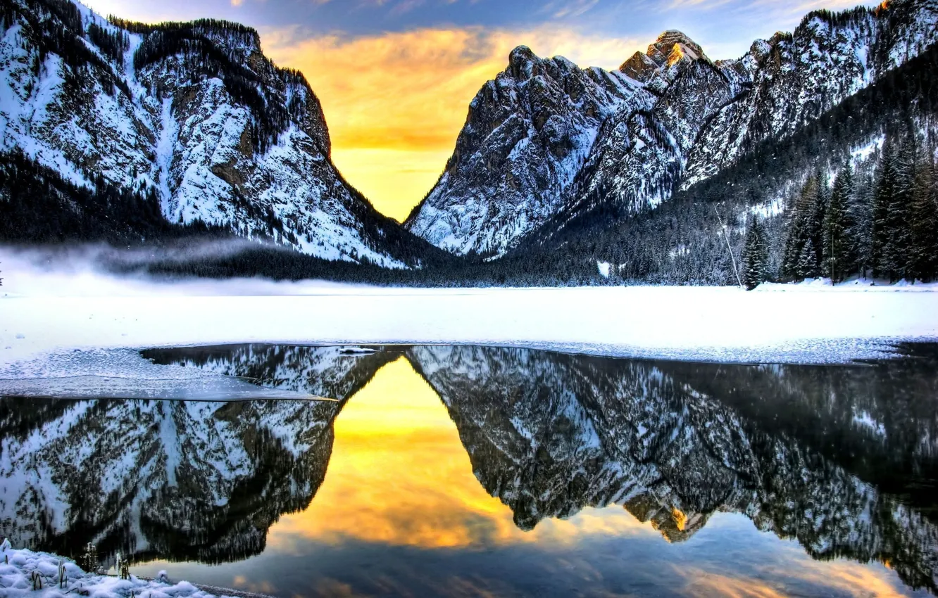 Photo wallpaper winter, forest, the sky, snow, sunset, mountains, nature, lake