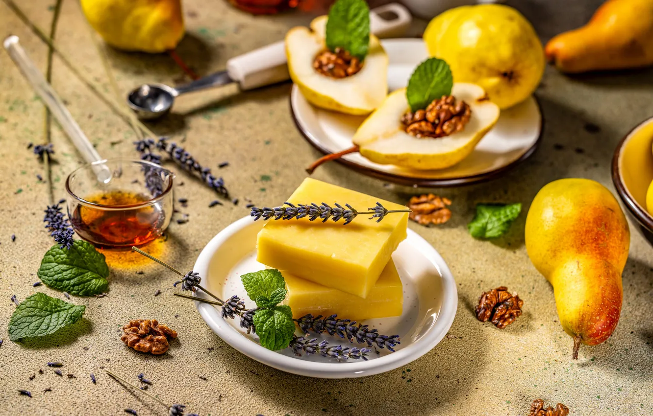 Photo wallpaper table, cheese, pear, lavender