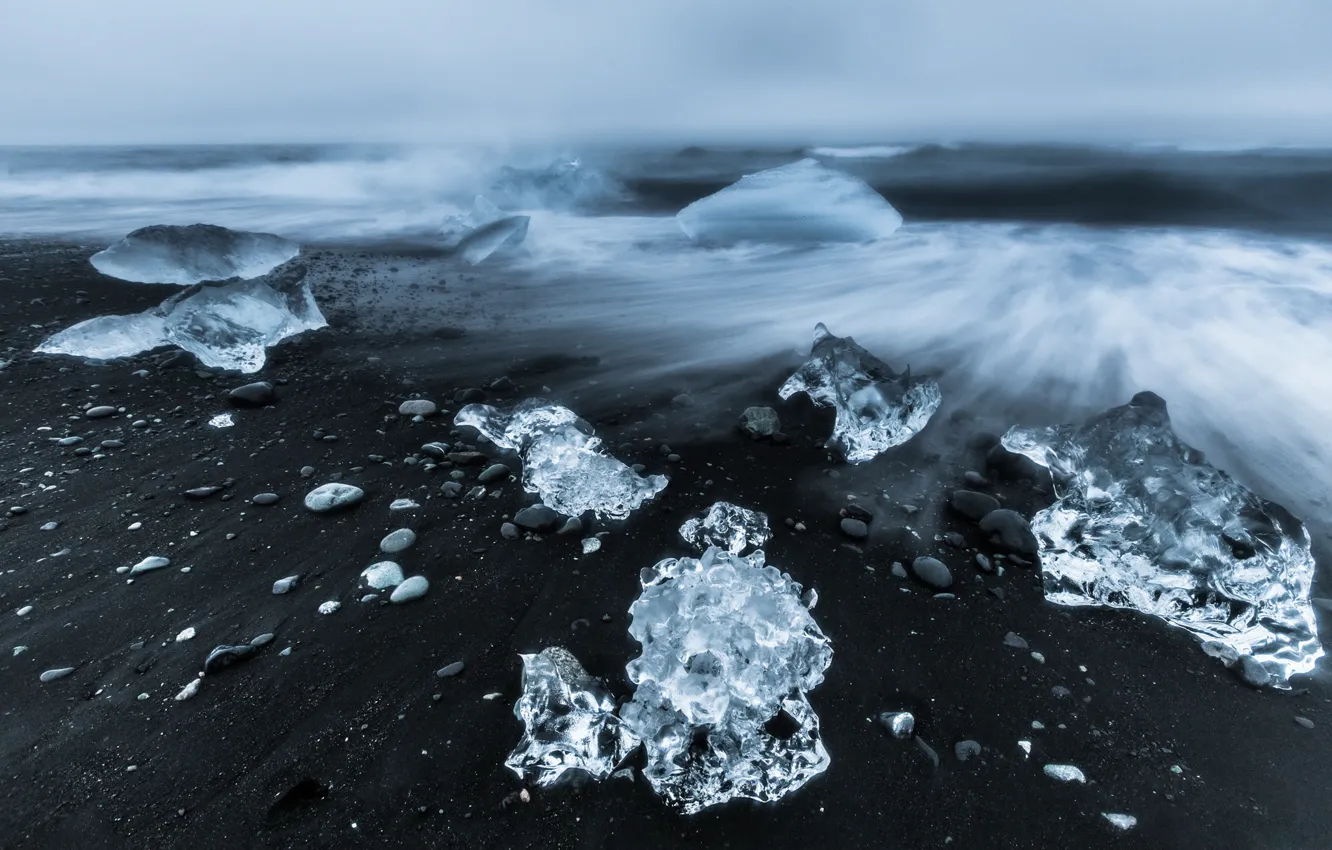 Photo wallpaper ice, sea, wave, pebbles, shore, surf, ice, pond