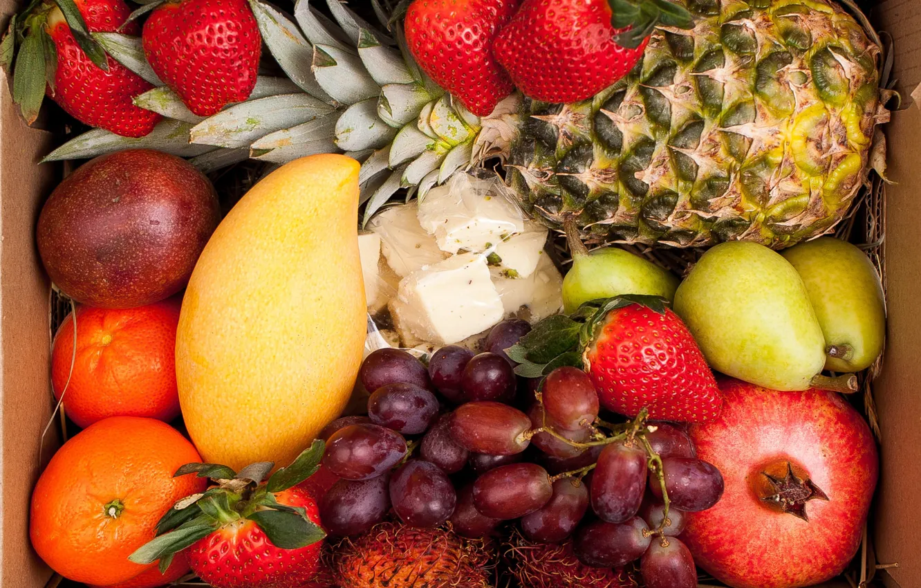 Photo wallpaper strawberry, grapes, mango, pineapple, garnet, Mandarin