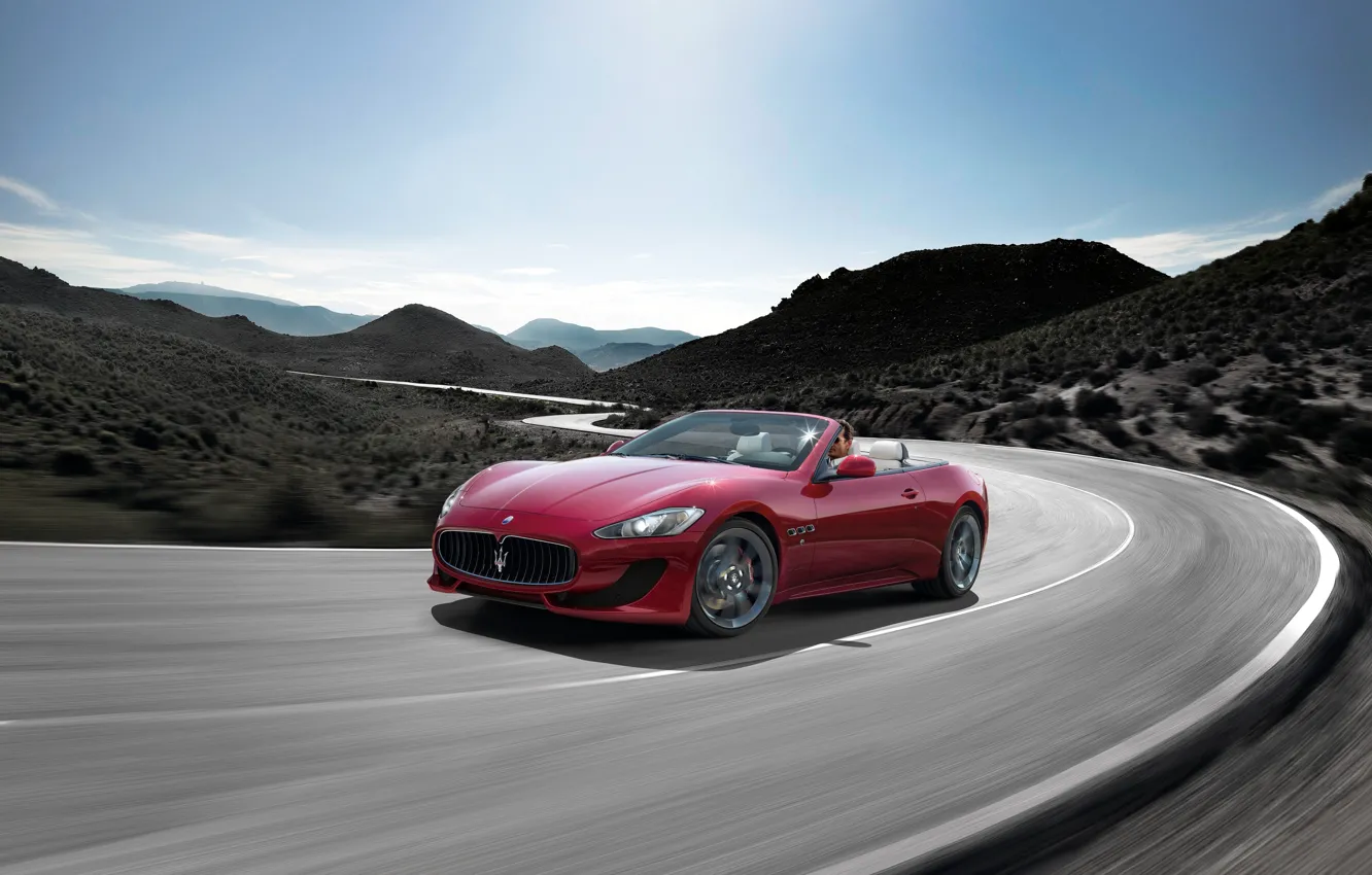 Photo wallpaper Maserati, The sky, Road, Day, Hills, The front, Blur, Grancabrio