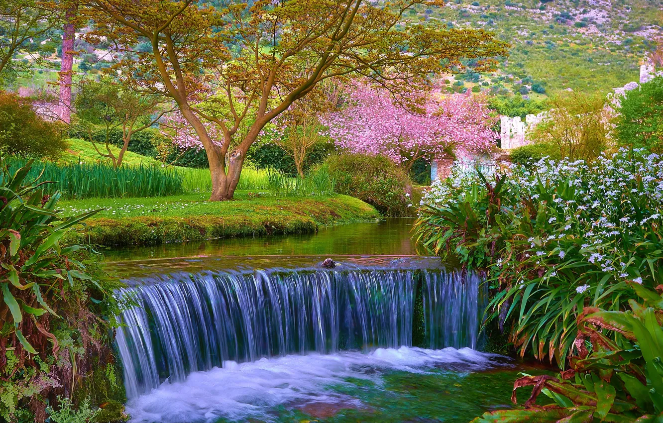 Photo wallpaper trees, landscape, Park, waterfall, garden, river