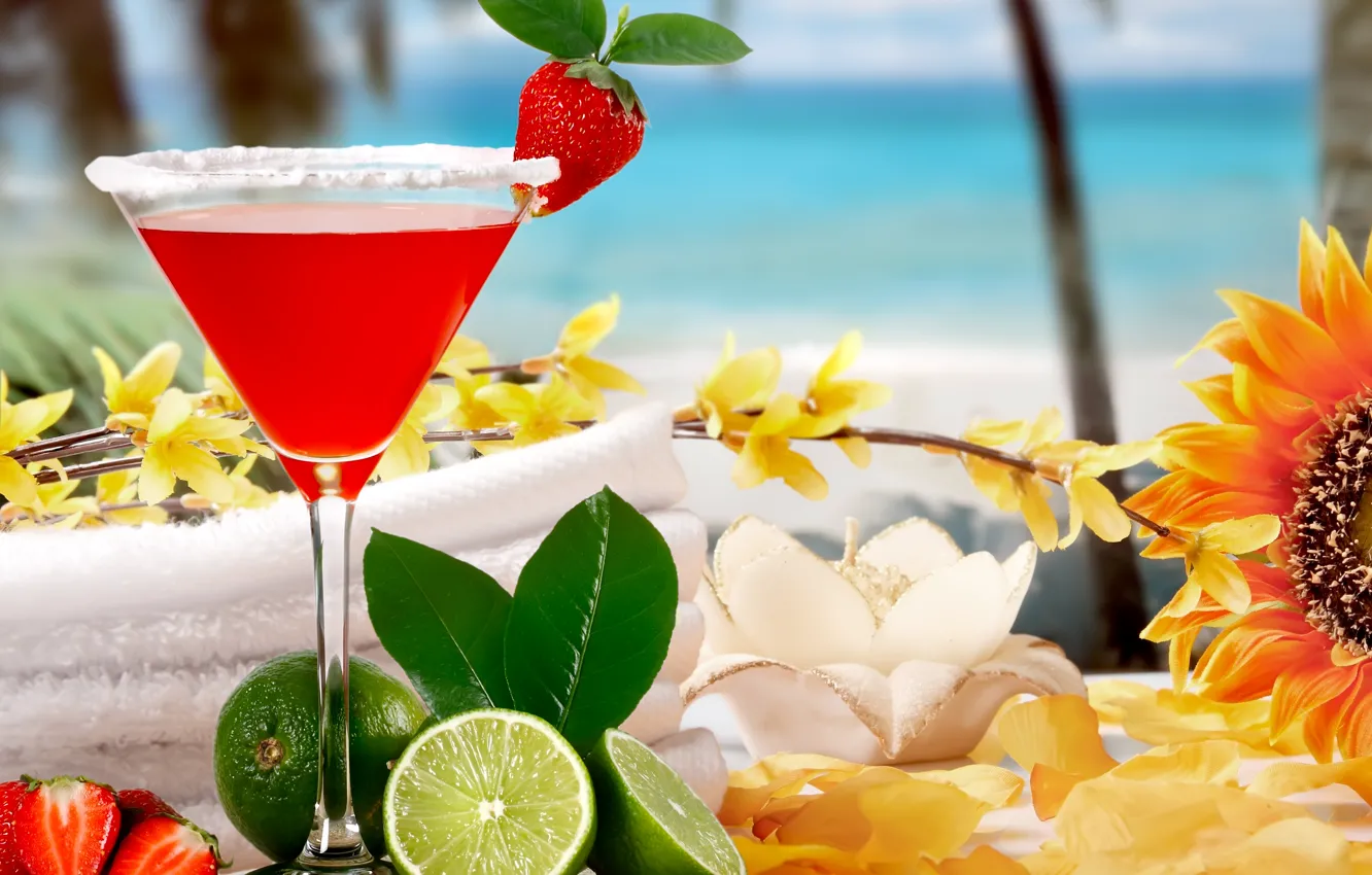 Photo wallpaper sea, strawberry, cocktail, lime, fruit, fresh, drink, cocktail