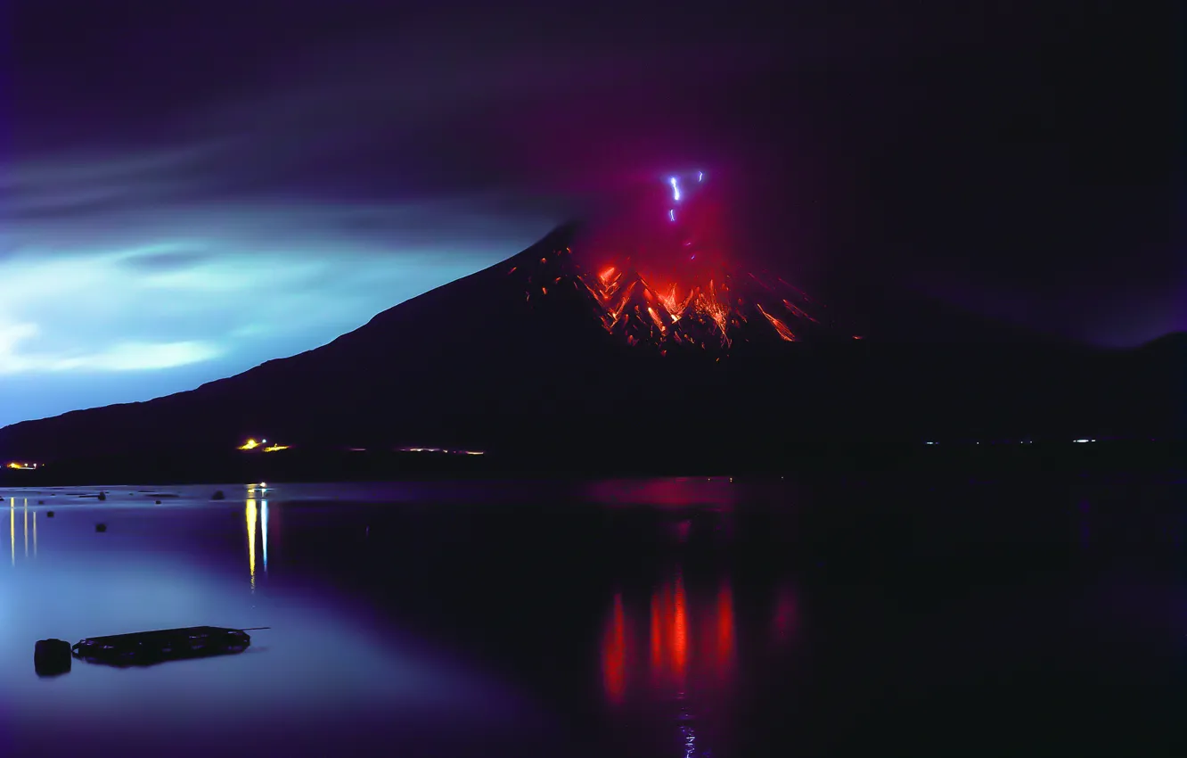 Photo wallpaper fire, element, the volcano, lava, Sakurajima