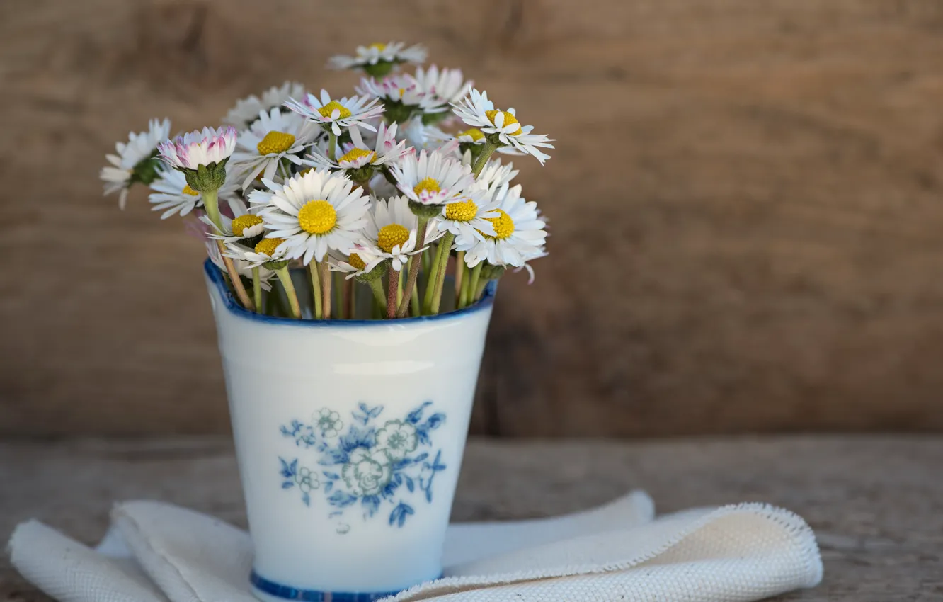 Photo wallpaper flowers, vase, wood, Daisy