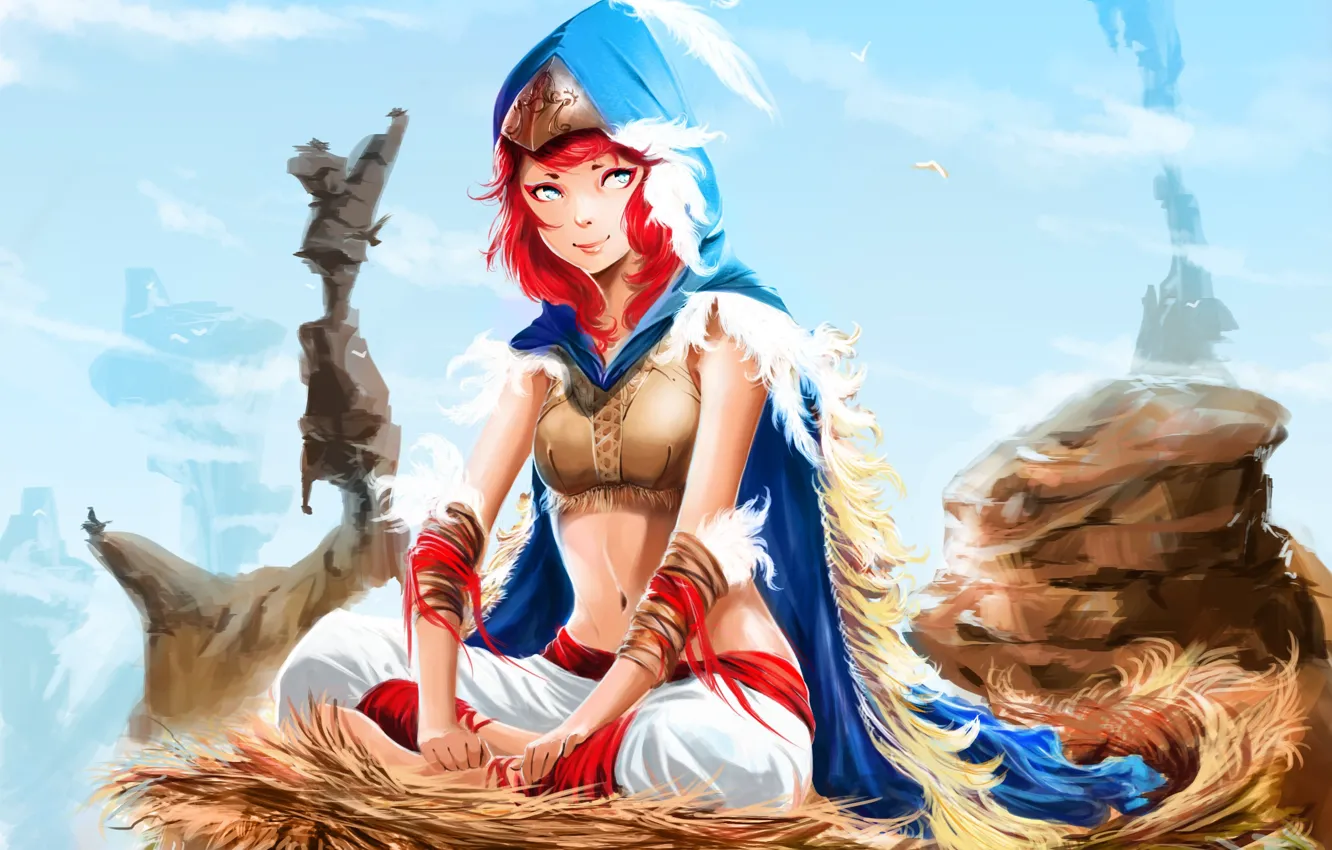 Photo wallpaper girl, feathers, art, socket, hood