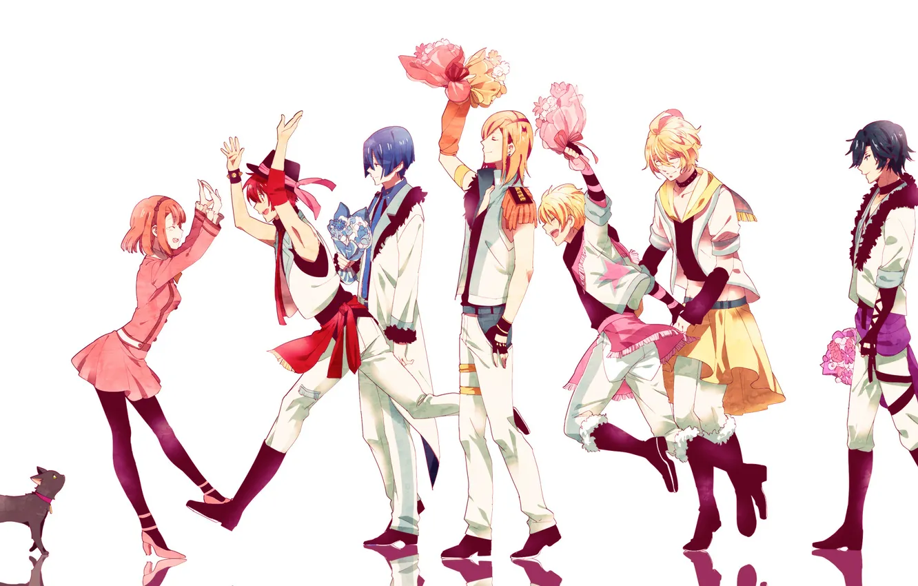 Photo wallpaper cat, girl, flowers, bouquet, anime, art, guy, fun