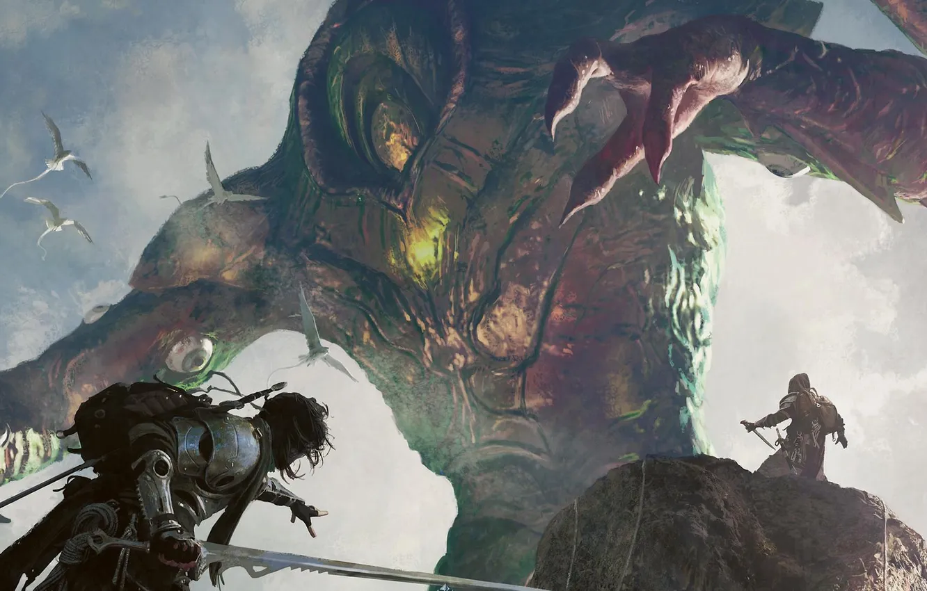 Photo wallpaper the sky, bird, people, the demon, warrior, fight, Magic: The Gathering