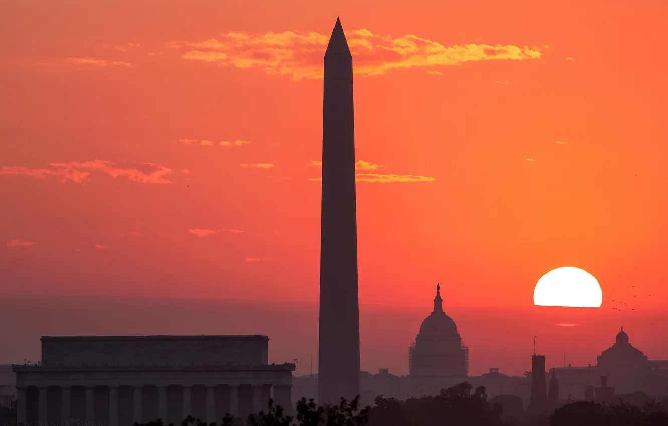 Photo wallpaper the sun, sunset, Washington, USA, obelisk