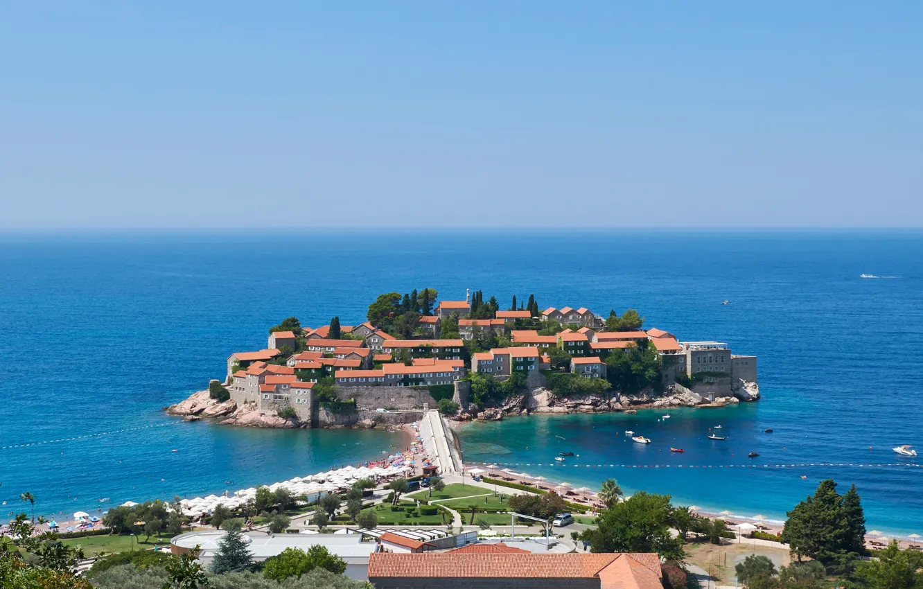 Photo wallpaper sea, the sky, the sun, trees, stones, coast, island, home