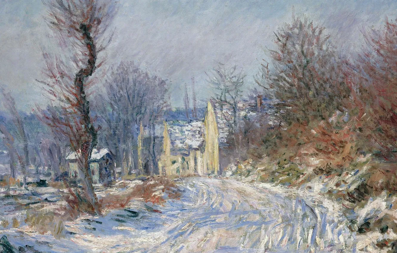 Photo wallpaper snow, trees, landscape, home, picture, Claude Monet, Claude Monet, Road to Giverny in Winter