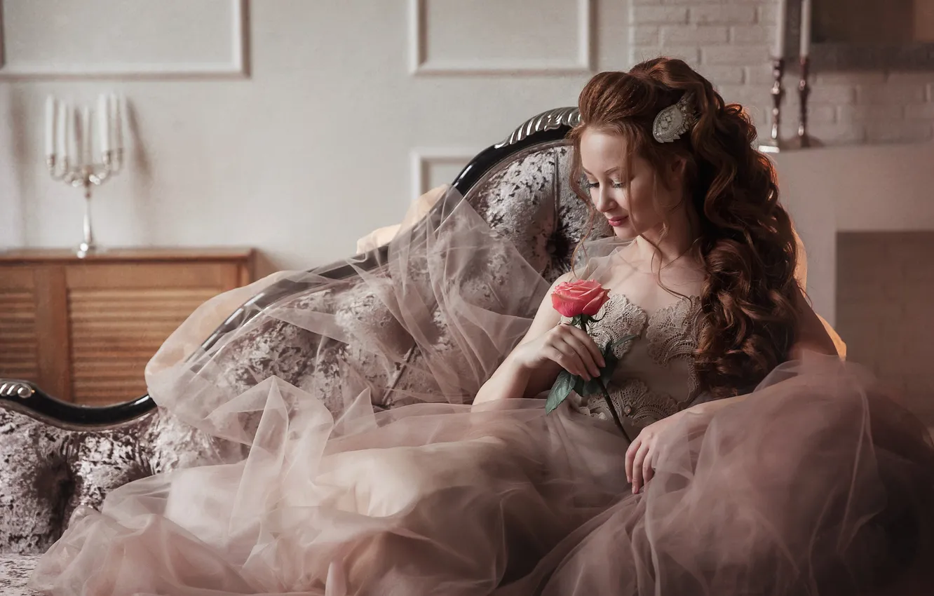 Photo wallpaper girl, pose, style, room, sofa, wall, roses, dress