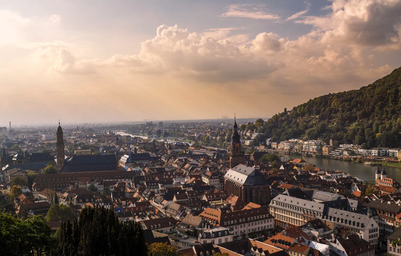 Photo wallpaper clouds, river, home, Germany, panorama, Heidelberg
