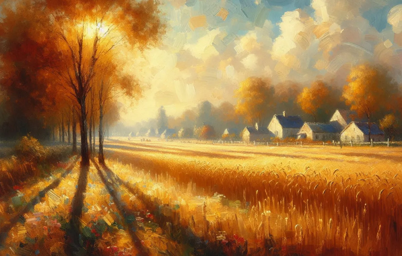 Photo wallpaper field, autumn, light, trees, home, morning, village, haze