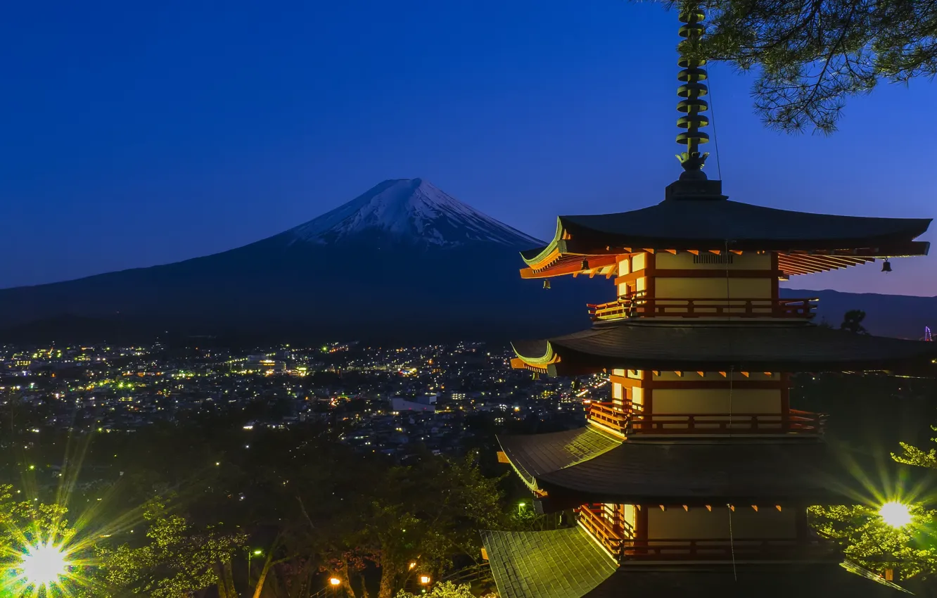 Photo wallpaper Japan, Japan, Fuji, night city lights, Senso-ji supplied with, pagoda of Senso-JI temple, Fuji Mountain