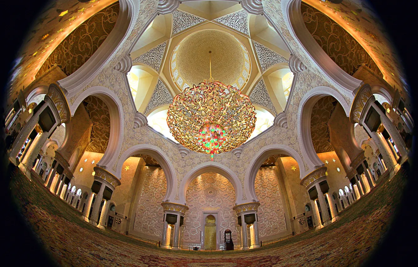 Photo wallpaper chandelier, architecture, the dome, religion, UAE, The Sheikh Zayed Grand mosque, Abu Dhabi