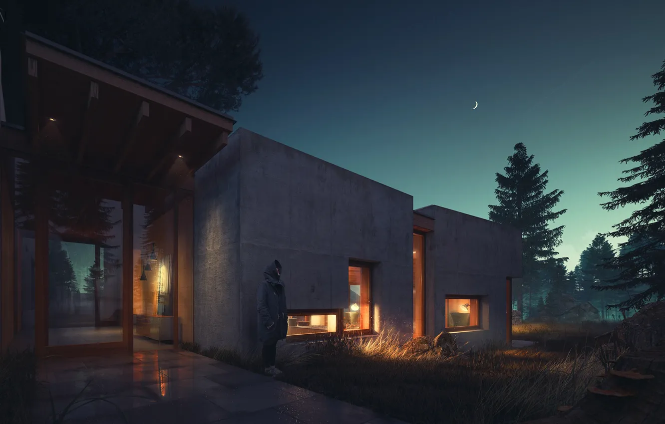 Photo wallpaper forest, night, people, a month, structure