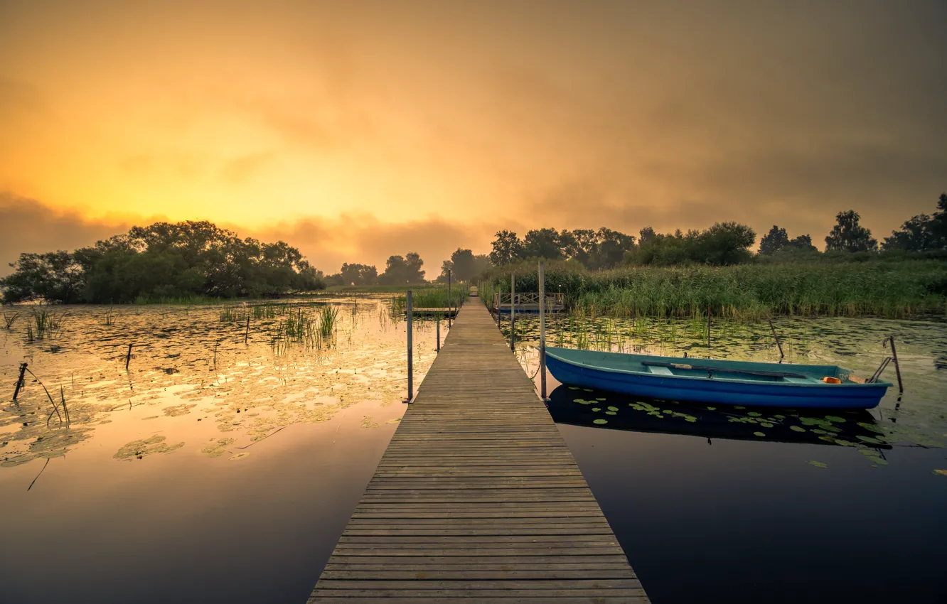 Photo wallpaper the sky, trees, sunset, lake, dawn, shore, boat, Board