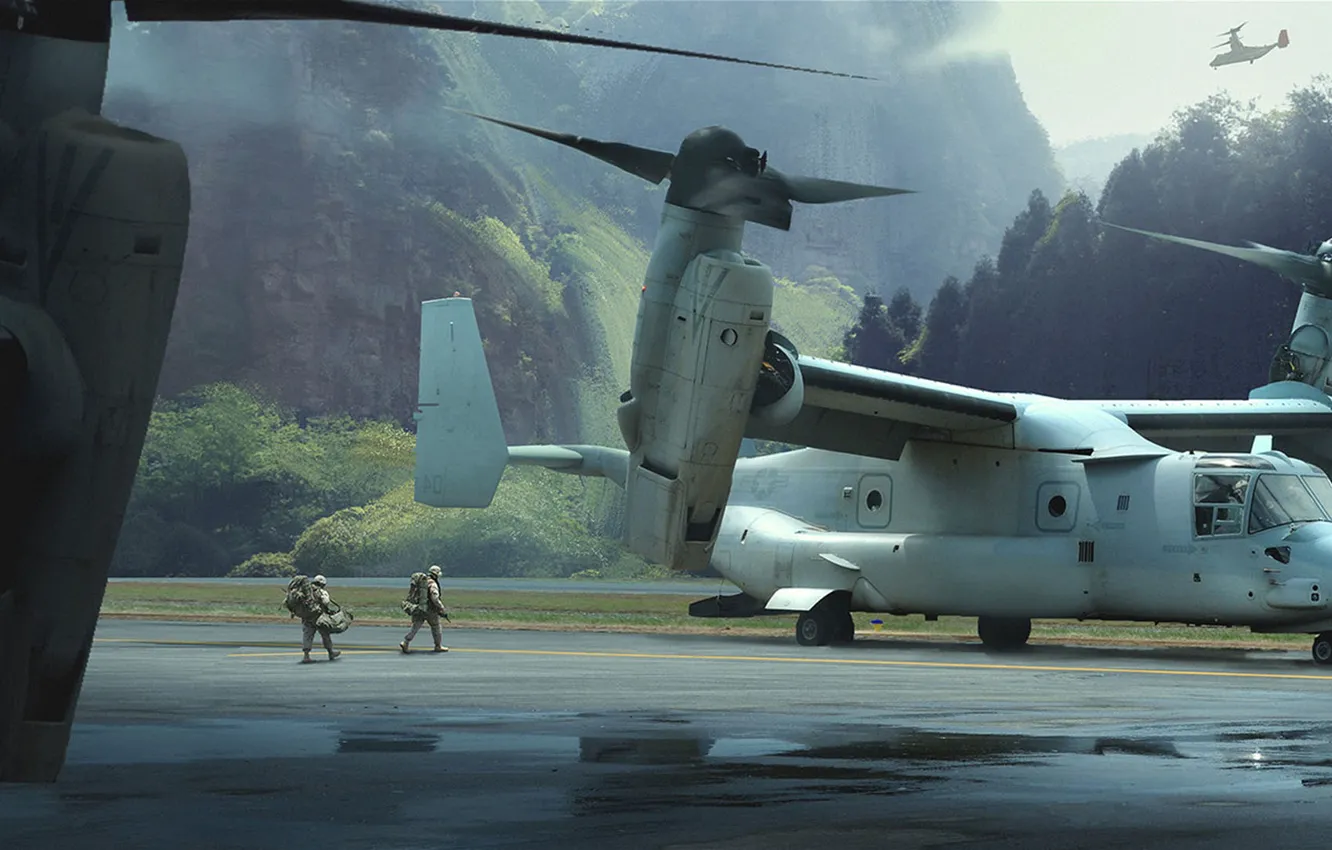 Photo wallpaper UNITED STATES AIR FORCE, Bell, Osprey, V-22, takeoff, American convertiplane, Michael Shinde, transport VTOL