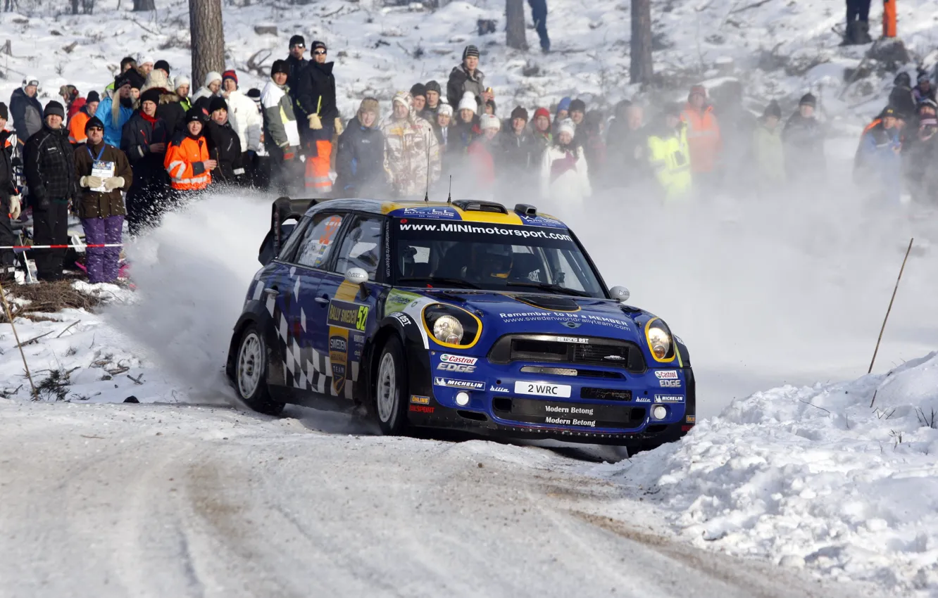 Photo wallpaper Winter, Blue, Snow, People, Skid, Mini Cooper, WRC, the front
