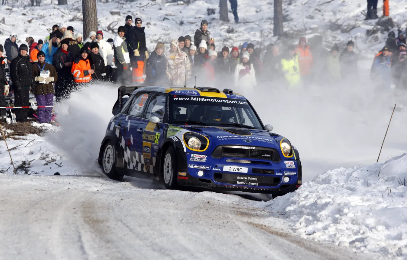 Photo wallpaper winter, snow, blue, people, Mini, Skid, Mini Cooper, WRC