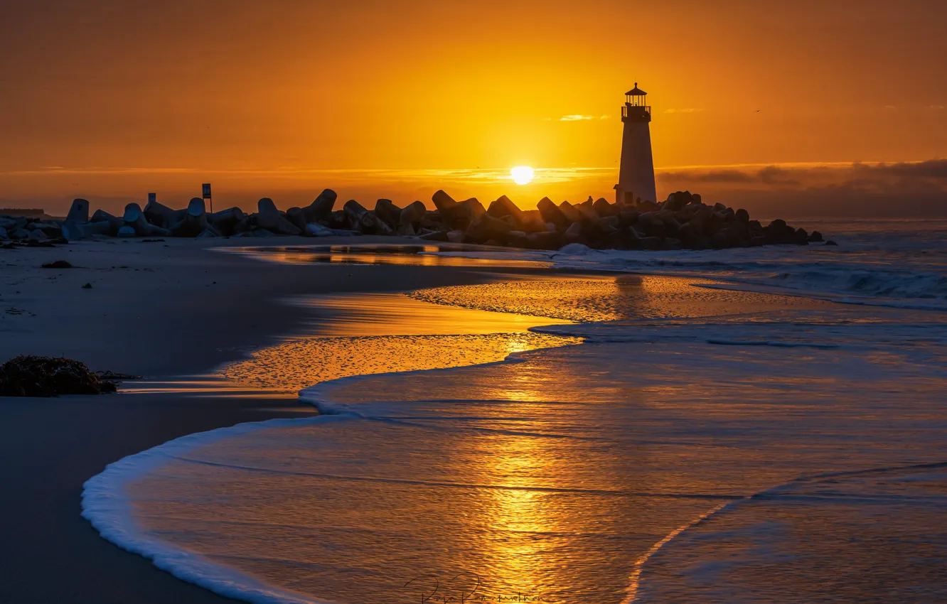 Photo wallpaper sea, the sky, the sun, dawn, shore, lighthouse, horizon, Santa Cruz