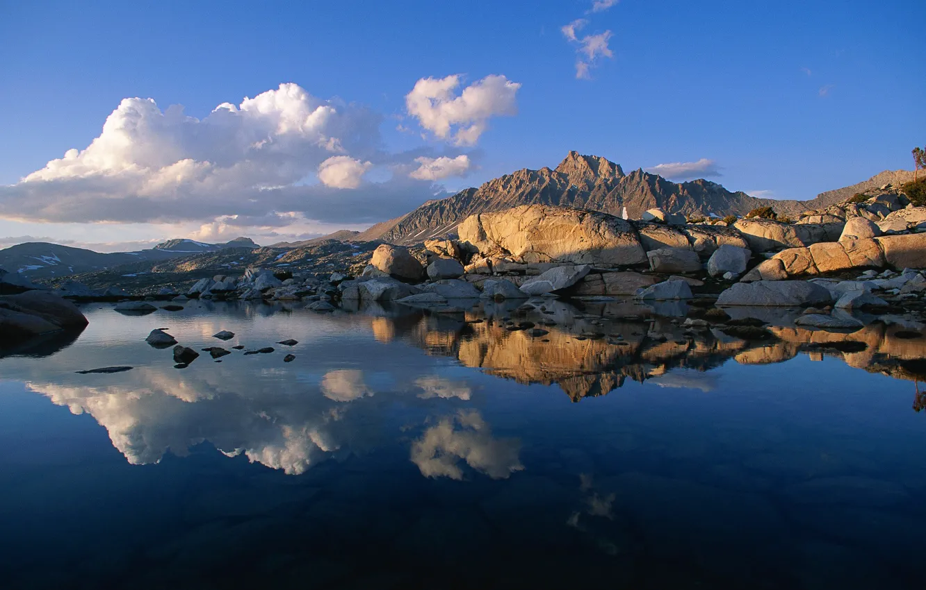 Photo wallpaper the sky, clouds, sunset, mountains, lake, reflection, stones, rocks
