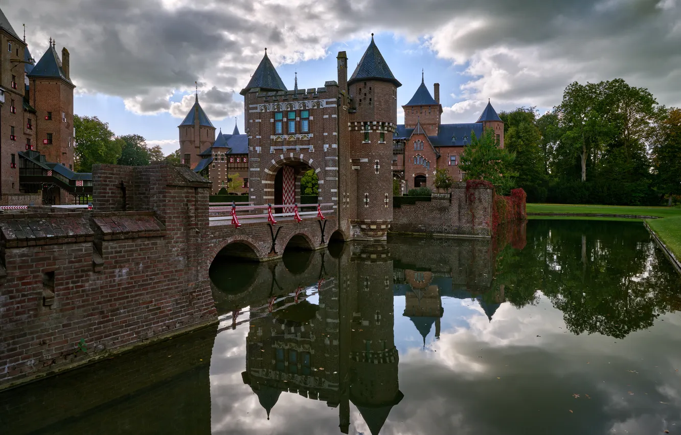 Photo wallpaper pond, castle, tower, Netherlands, De Hair