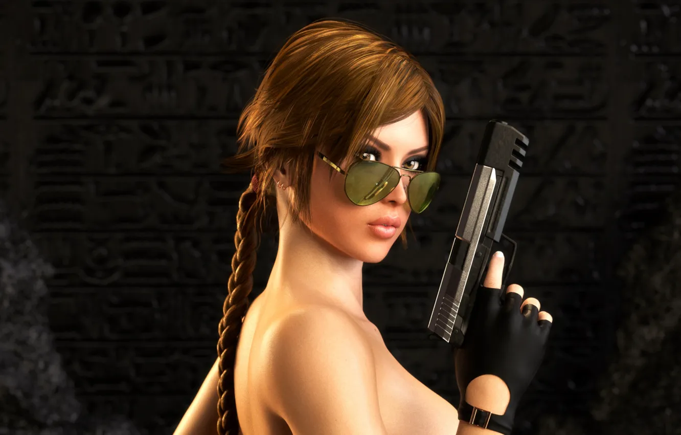 Photo wallpaper look, girl, gun, hair, glasses, Tomb Raider, Lara Croft