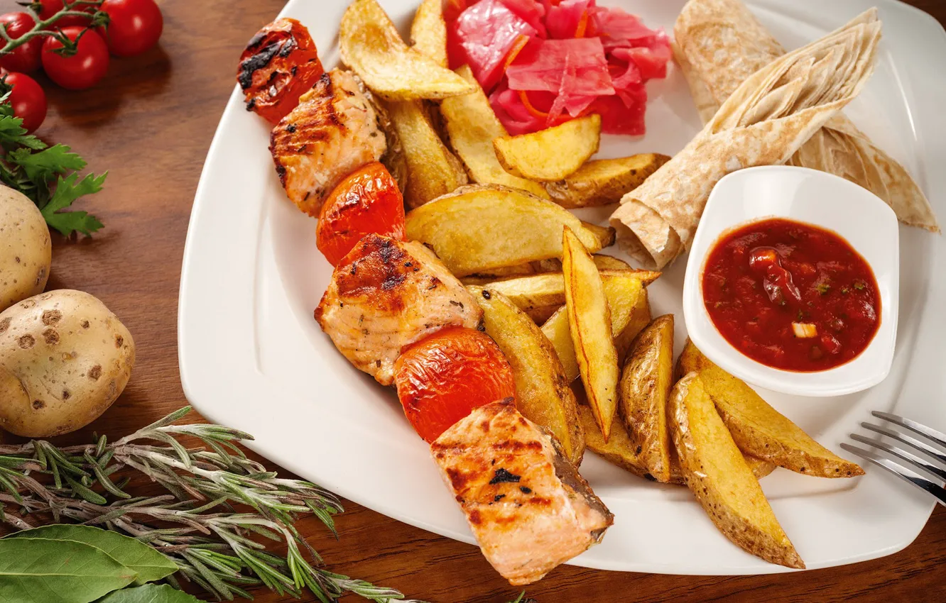 Photo wallpaper meat, sauce, kebab, potatoes, pita
