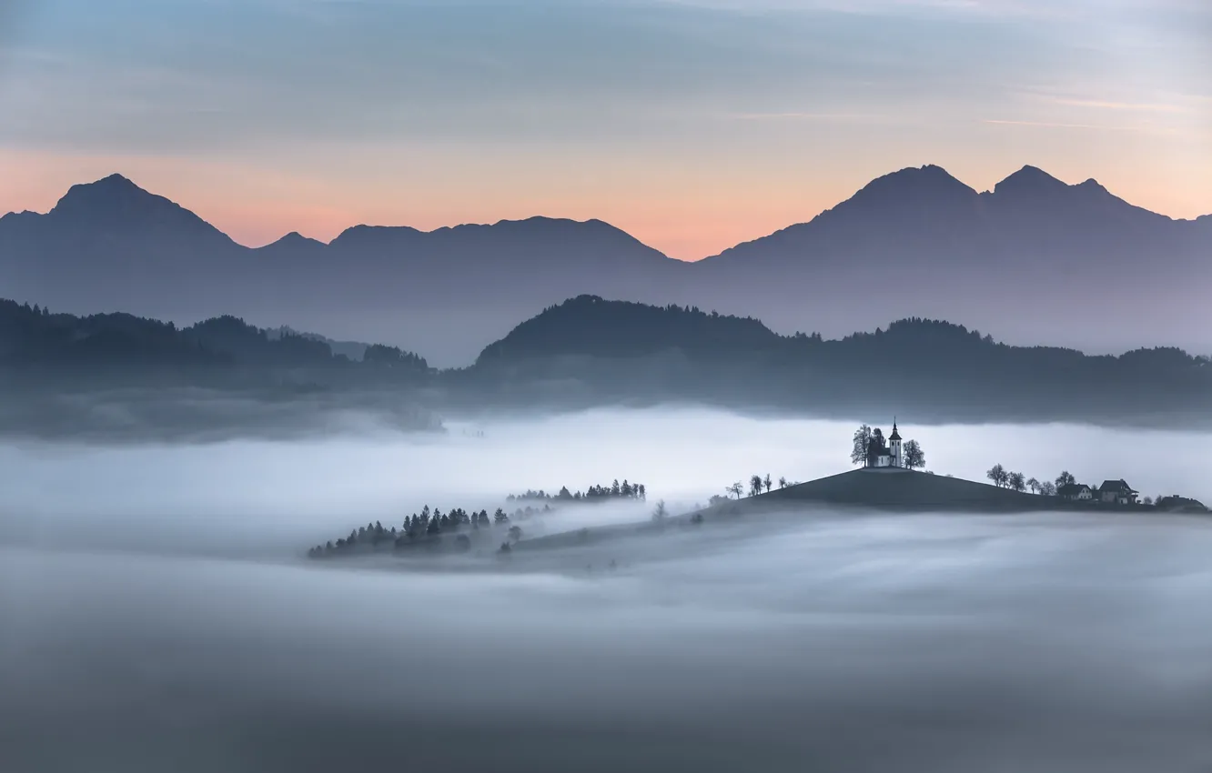 Photo wallpaper mountains, fog, Church, Slovenia, Carpathians