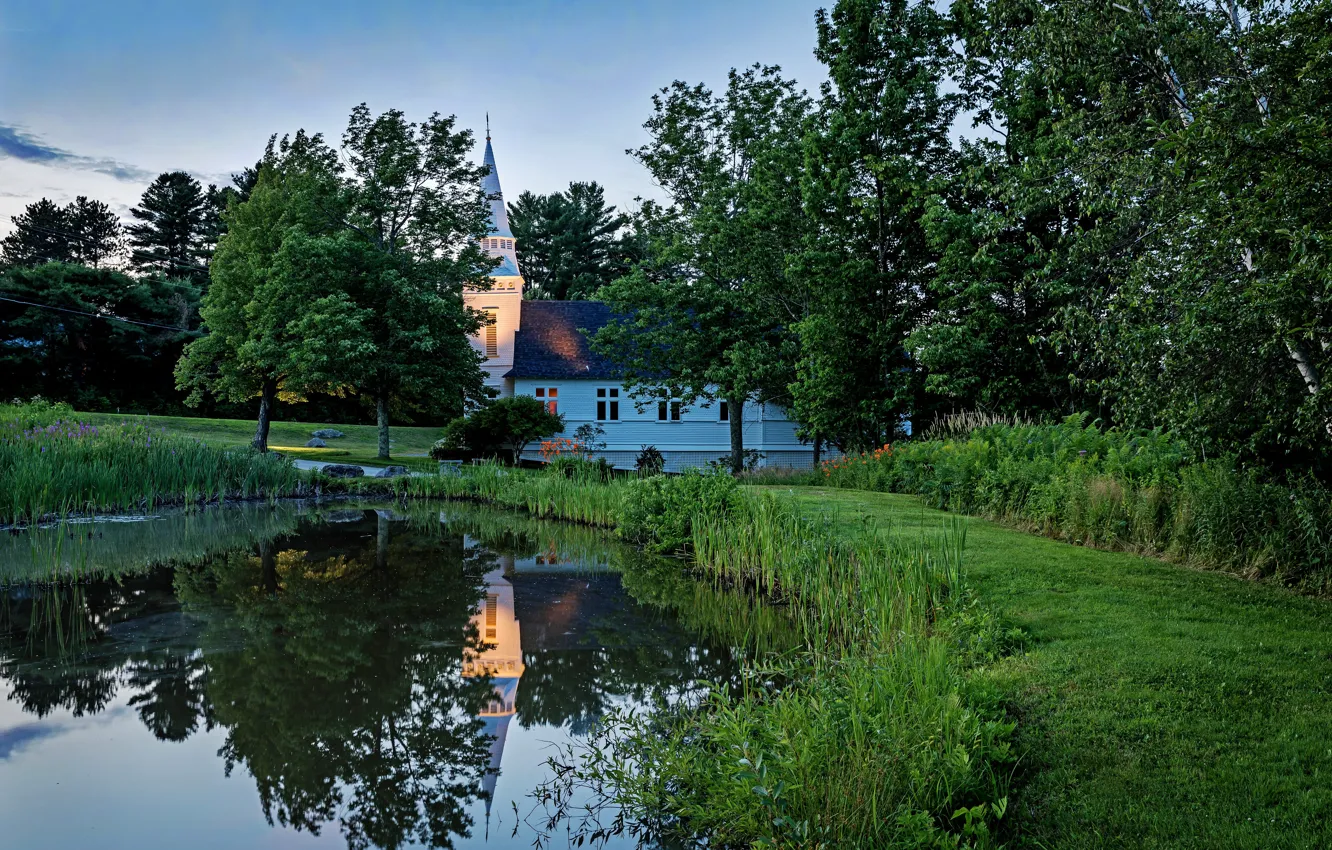 Photo wallpaper landscape, the city, house, pond, Church, USA, New Hampshire, New Hampshire