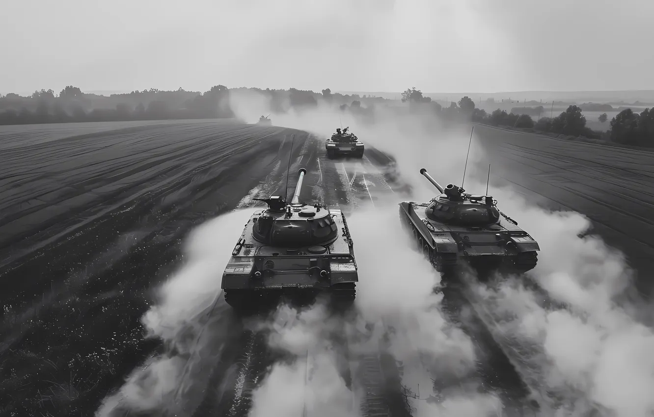 Photo wallpaper field, smoke, dust, tank, black and white, digital art, AI art, The Art of Artificial …