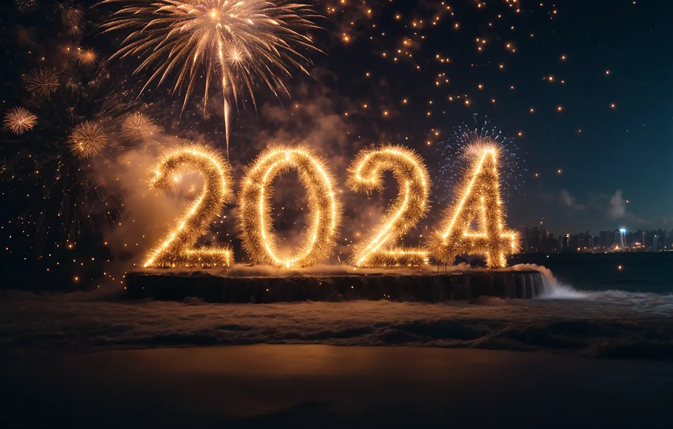 Photo wallpaper new year, salute, figures, golden, New Year, numbers, 2024, fieworks
