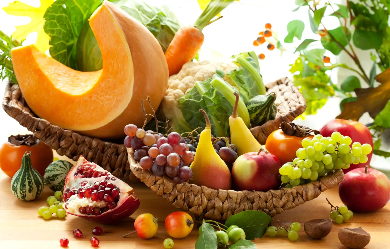 Photo wallpaper autumn, apples, grapes, pumpkin, fruit, vegetables, pear, carrots