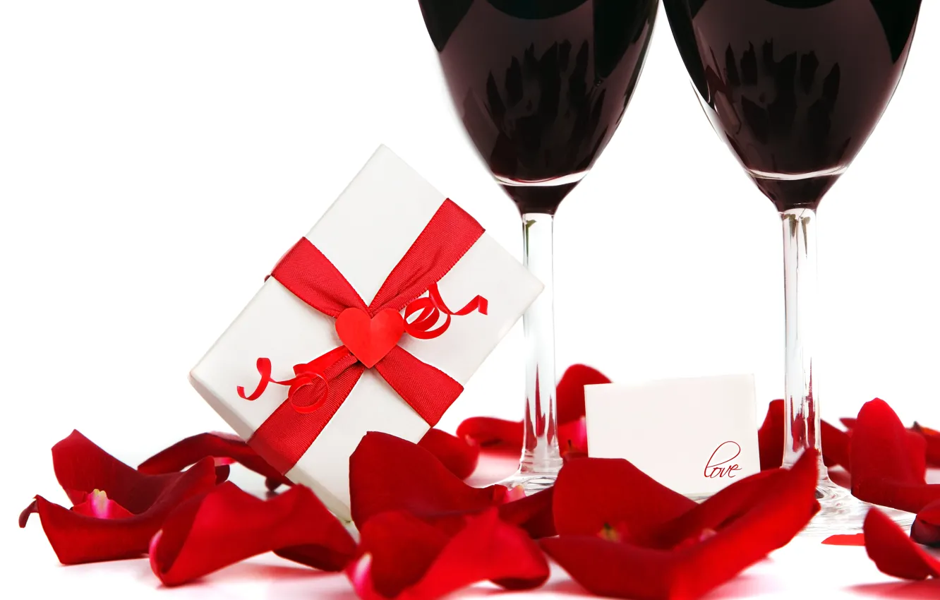 Photo wallpaper love, gift, wine, roses, glasses, love, heart, romantic