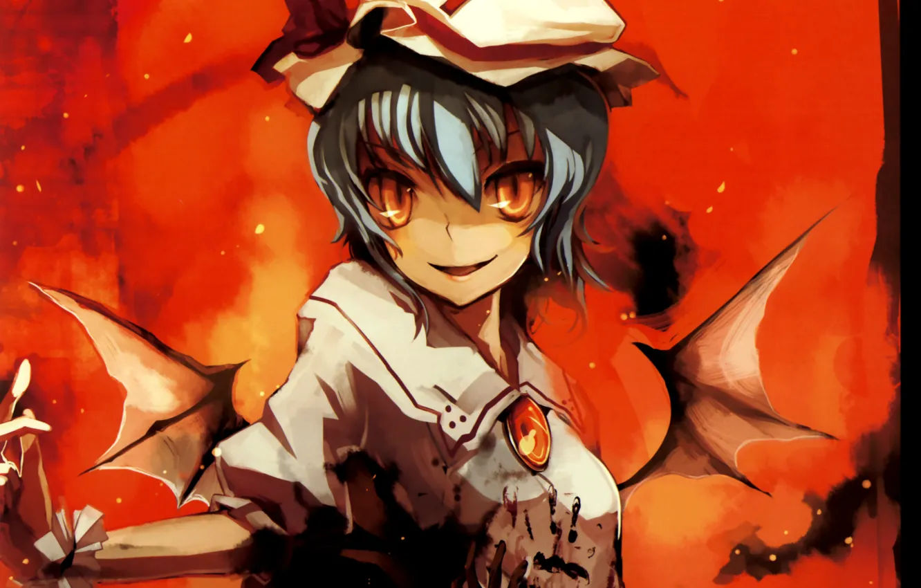 Photo wallpaper blood, wings, spot, red eyes, touhou, madness, Vampire, Remilia Scarlet