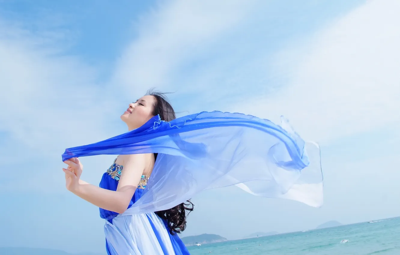 Photo wallpaper girl, white, dress, blue, beautiful, asian, backgroung