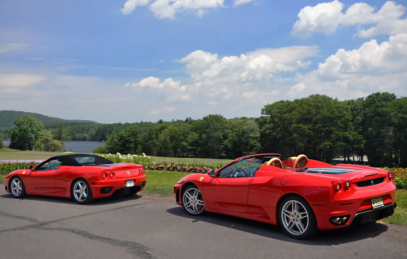 Photo wallpaper road, forest, red, river, color, pair, FERRARI