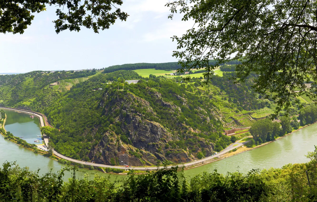 Photo wallpaper the sky, trees, landscape, river, hills, Germany
