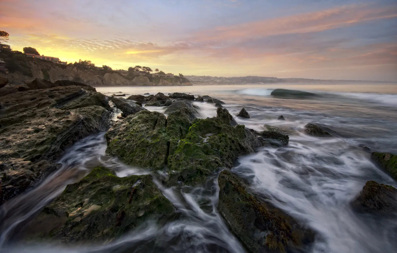 Photo wallpaper sea, sunset, stones, rocks, moss, surf