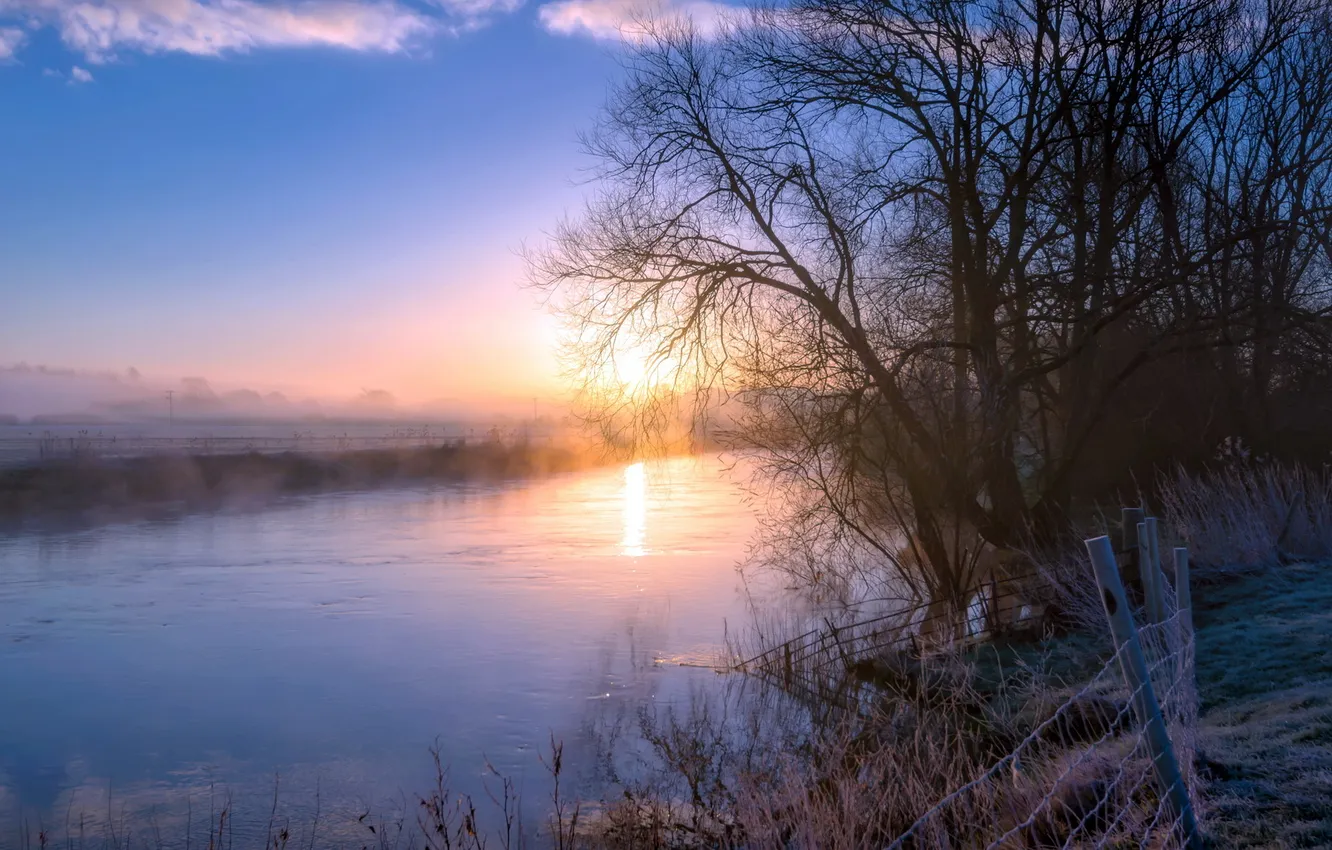 Photo wallpaper landscape, fog, river, morning