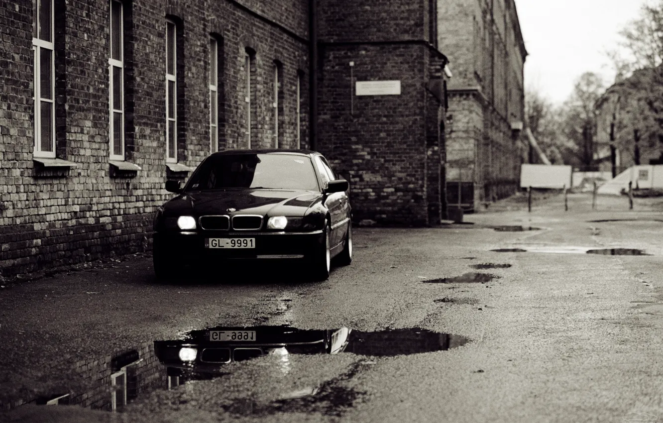 Photo wallpaper house, overcast, street, bmw, the evening, yard, puddles, Boomer