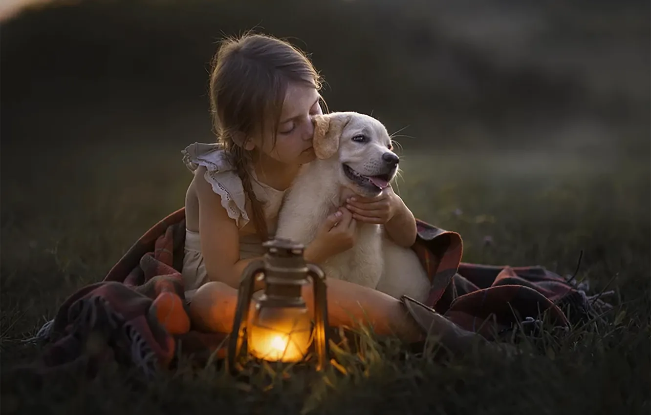 Photo wallpaper lamp, girl, puppy
